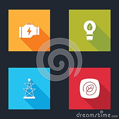 Set Check engine, Light bulb with leaf, Electric tower and Location icon. Vector Vector Illustration
