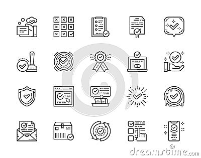 Set of Check Mark and Approve Line Icons. Certificate, Quality Control and more. Vector Illustration