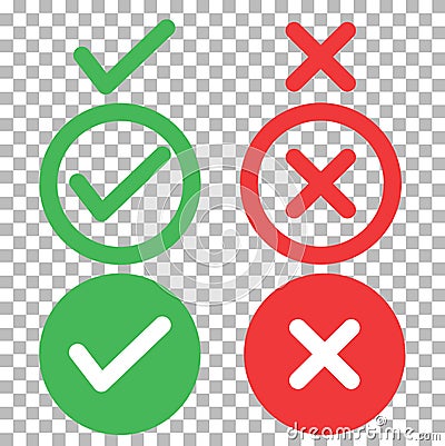 Set of check mark icon on a transparent background. Checkmark cross symbol. Checkmark right symbol tick sign. flat style Stock Photo