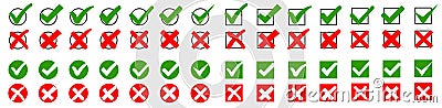 Set check mark, tick and cross signs, green checkmark OK and red X icons, symbols YES and NO button for vote, decision, election Vector Illustration