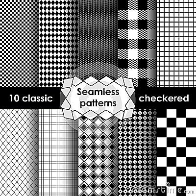 Set of checkered simple fabric seamless pattern in black and white Vector Illustration