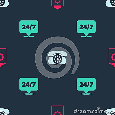 Set Checklist with 24 hours service, Telephone and Clock on seamless pattern. Vector Vector Illustration