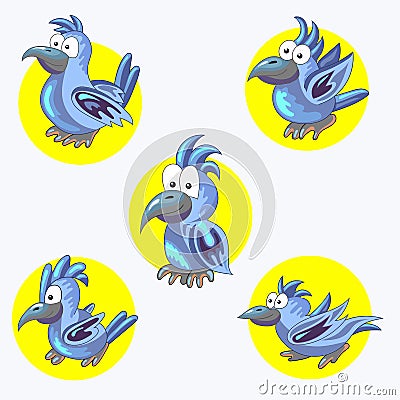 Set of cheerful blue parrots. Tropical bird. Collection. A pet. Vector Illustration