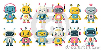 Set of cheerful funny cartoon children's robots Vector Illustration