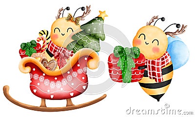 Set of cheerful little bees with red sleigh,gift box and christmas ornaments.Cute animal with christmas accessories illustration Cartoon Illustration