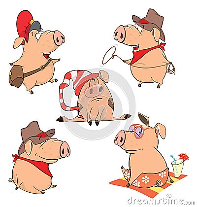 Set of cheerful pigs Cartoon Vector Illustration