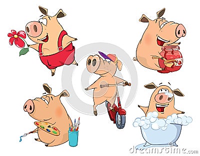 Set of cheerful pigs Cartoon Vector Illustration