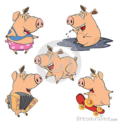 Set of cheerful pigs cartoon Vector Illustration