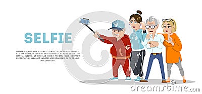 Set of cheerful senior people hipsters gathering and having fun. Group of senior people taking selfie photo with stick. Vector Illustration