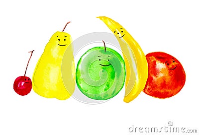 A set of cheerful,smiling fruits. Abstract watercolor illustrations isolated on white background Cartoon Illustration