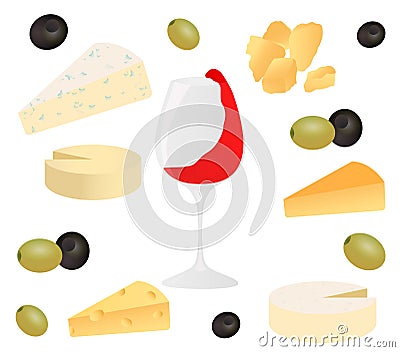 Set cheese, glass of wine and olive. Vector illustration for design menus, recipes and packages product. Vector Illustration