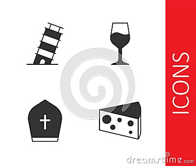 Set Cheese, Leaning tower in Pisa, Pope hat and Wine glass icon. Vector Vector Illustration