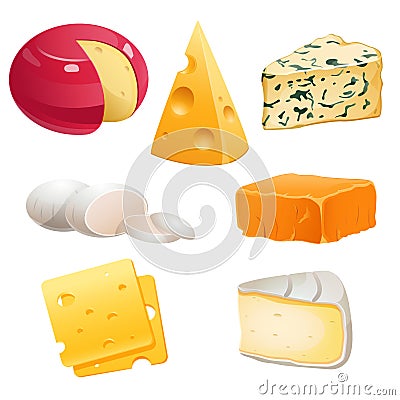 Set of cheese types roquefort, brie and maasdam Vector Illustration
