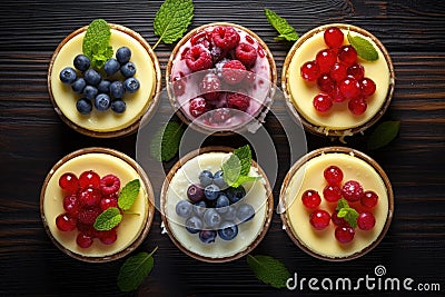 Set of cheesecake cakes in tartlets with fresh berries Stock Photo