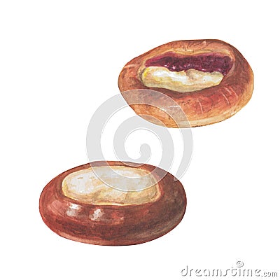 A set of cheesecakes. Sweet buns with cottage cheese and jam. Watercolor illustration, objects isolated on white background. Cartoon Illustration