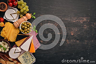 Set cheeses. Suluguni, blue cheese, mozzarella, maasdam, brie cheese. Stock Photo