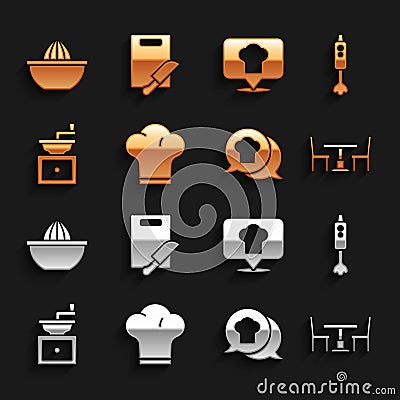 Set Chef hat, Blender, Wooden table with chair, in speech bubble, Manual coffee grinder, location, Citrus fruit juicer Vector Illustration