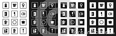 Set Chef hat with location, Meat chopper, Refrigerator, Salt, Plate, Measuring cup, Cooking pot and Teapot icon. Vector Stock Photo