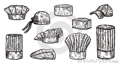 Set chef hat sketch isolated. Kitchen traditional beret, bandana, baseball for cook in hand drawn style Vector Illustration