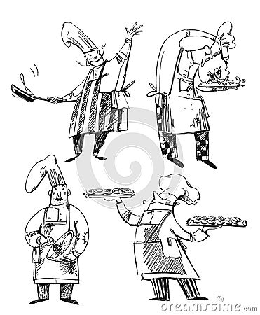 Set of chefs, line drawings of baker, chef, cooking. Professions illustration Vector Illustration