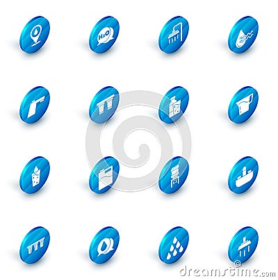 Set Chemical formula for H2O, Shower, Recycle clean aqua, Water tap, Glass with water, filter, Jug glass and Bottle of Vector Illustration