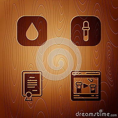 Set Chemical online, Water drop, Certificate template and Pipette on wooden background. Vector Stock Photo