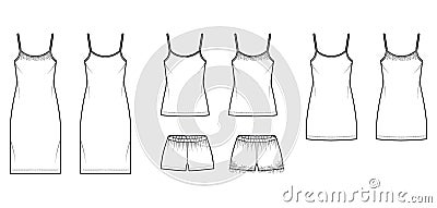 Set of Chemise dresses camisole Sleepwear Pajama pants technical fashion illustration with lace, oversized, scoop neck Vector Illustration