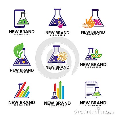 Set of Chemistry labs logo template, Biology labs, leaf, stats, finance, note, touch icon, phone. Stock Photo