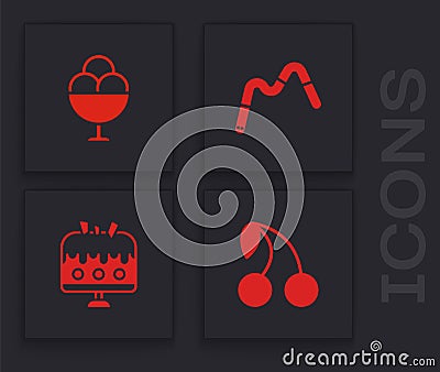 Set Cherry, Ice cream in bowl, Jelly worms candy and Cake on plate icon. Vector Vector Illustration