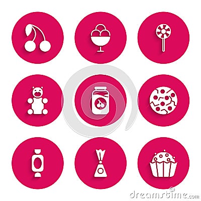 Set Cherry jam jar, Candy, Cupcake, Cookie or biscuit, Jelly bear candy, Lollipop and icon. Vector Vector Illustration