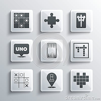 Set Chess, Pixel hearts for game, Bingo, Backgammon board, Tic tac toe, Uno card, Board of checkers and Mahjong pieces Stock Photo