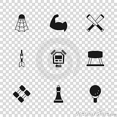 Set Chess, Pommel horse, Golf ball on tee, Stopwatch, Crossed baseball bat, Badminton shuttlecock, Bodybuilder showing Vector Illustration