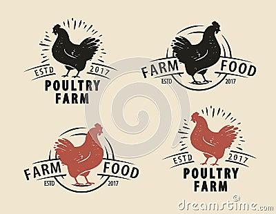 Set of chicken emblem vintage vector illustration. Farm food concept. Rooster logo design Vector Illustration