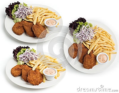 Set of Chicken Escalope plate served with Coleslaw, fries and dip, Clipping path included Stock Photo