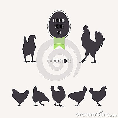 Set chicken hens. Silhouettes of laying hens, rooster. Vector Illustration