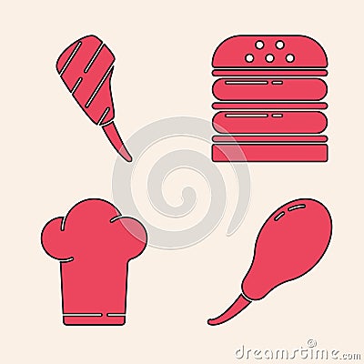 Set Chicken leg, Rib eye steak, Burger and Chef hat icon. Vector Vector Illustration