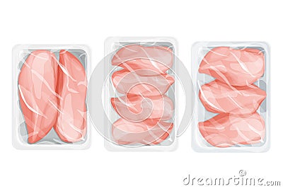 Set Chicken raw filet in plastic tray, package with poultry in cartoon style isolated on white background. Broiler meat Vector Illustration