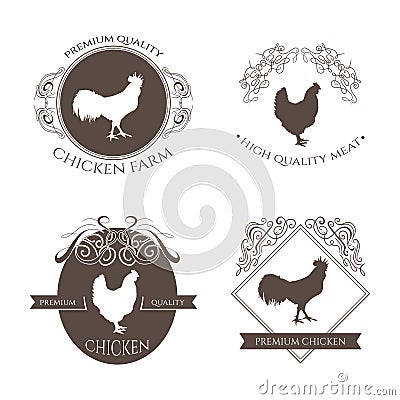 Set chicken and rooster farm logo emblem with calligraphic decorative elements. Natural and fresh farm. Vector Illustration