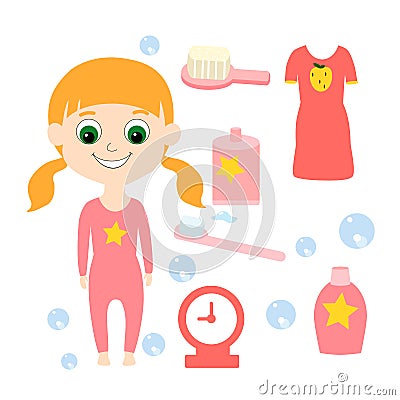 A set of a child in pajamas and items for hygiene, toothbrush, paste, soft comb, table clock, shampoo, bubbles and nightgown. Vector Illustration