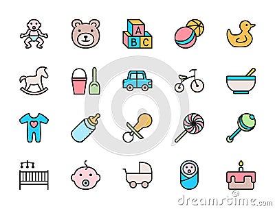 Set of Childhood Flat Color Icons. Toys, Bicycle, Nipple, Stroller and more. Vector Illustration