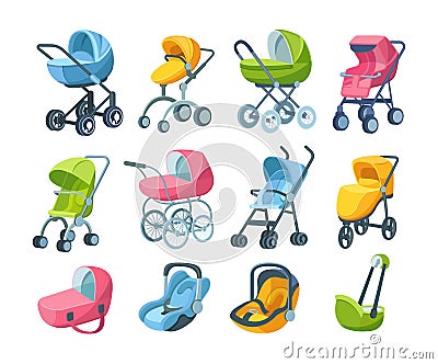 Set of childish automobile armchair for child, infant, newborn baby, folding stroller, buggy, baby carriage, child wagon, infant Vector Illustration