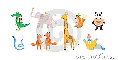 Set of childish cute animal characters. Design, decoration, decorative element. Funny panda, walrus, crocodile, elephant Vector Illustration