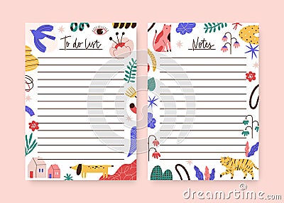 Set of childish notebook, organizer, planner memo page design template. To do list, agenda decorated of cute animals Vector Illustration