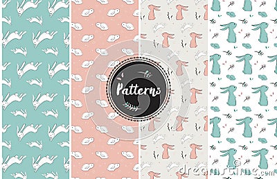 Set of childish patterns with cute rabbits Vector Illustration