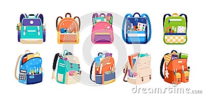 Set of childish school backpacks and schoolbags vector illustration. Collection of various kids bags with stationery Vector Illustration