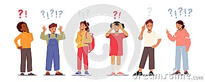 Set of Children Asking Questions, Searching Information, Schoolgirls and Schoolboys with Question and Exclamation Vector Illustration