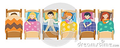 Set of Children character lying in different postures during night slumber. Boys and girls sleeping in bed in various poses. Vector Illustration