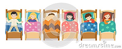 Boys and girls sleeping in bed in various poses. Bedtime and rest. Vector Illustration