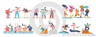 Set of Children Different Fun and Activities. Kids Boys or Girls Character Spinning Hoop, Walking Under Umbrella at Rain Vector Illustration