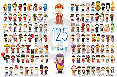 Set of 125 children of different nationalities in cartoon style. Vector Illustration